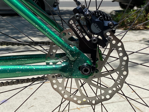side view of the stacked disc brake wheel conversion with Shimano SLX brakes