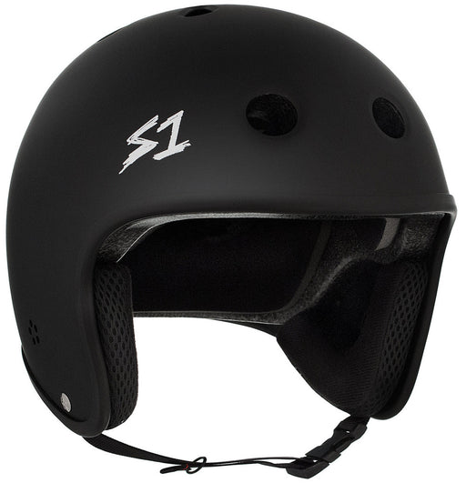 front angle view of retro lifer helmet in matte black