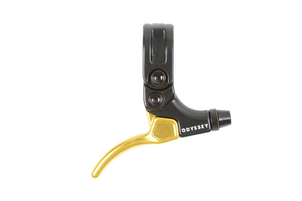 Top view of the odyssey Small Monolever brake lever in gold, bmx brake lever, 990 brake lever, odyssey Brake Lever
