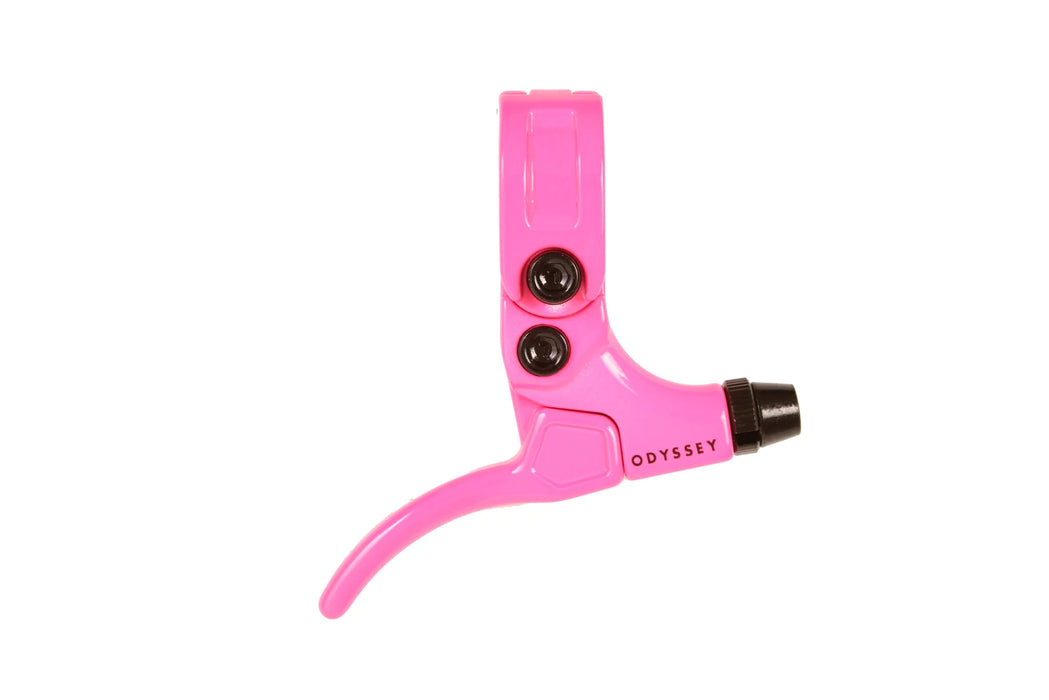 Top view of the odyssey Small Monolever brake lever in pink, bmx brake lever, 990 brake lever, odyssey Brake Lever