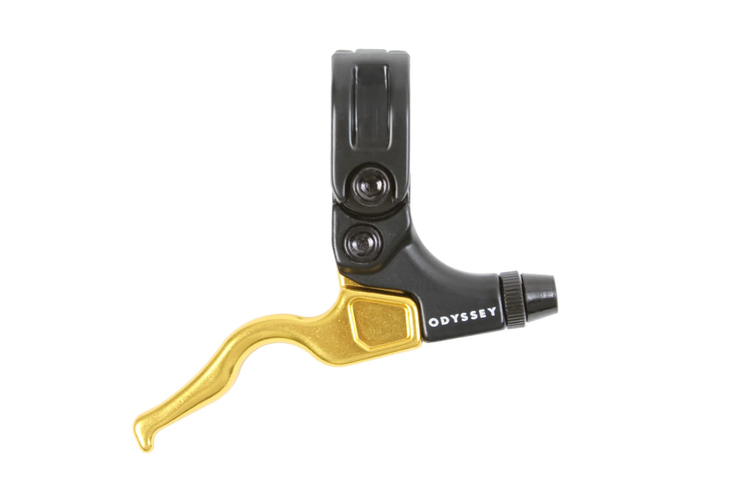 Top view of the odyssey Trigger Monolever brake lever in gold, bmx brake lever, 990 brake lever, odyssey Brake Lever