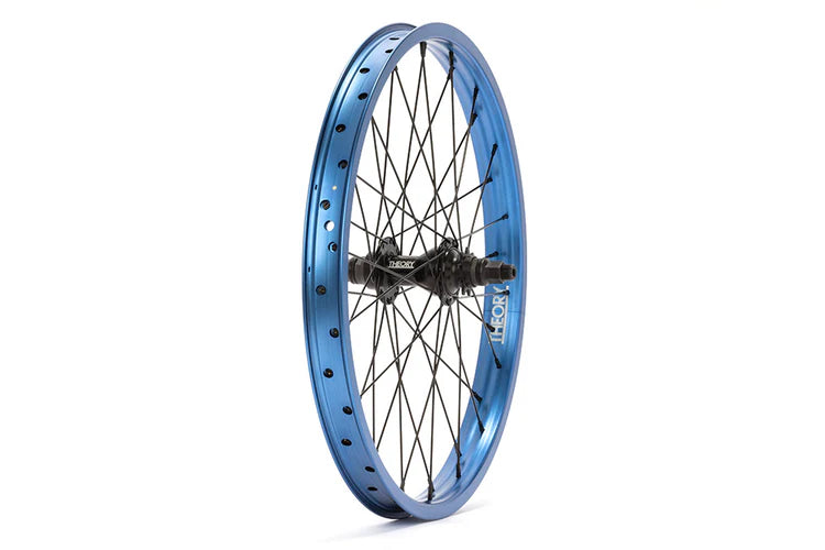 side angle view of theory predict rear wheel in blue