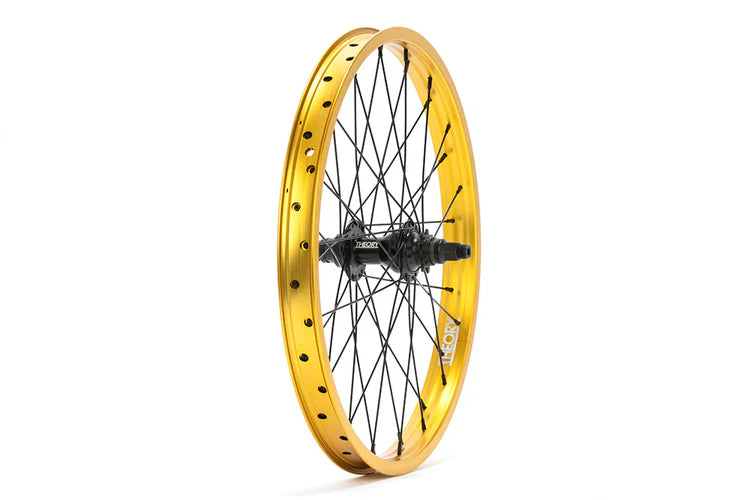 side angle view of theory predict rear wheel in gold