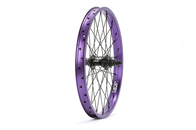 side angle view of theory predict rear wheel in purple