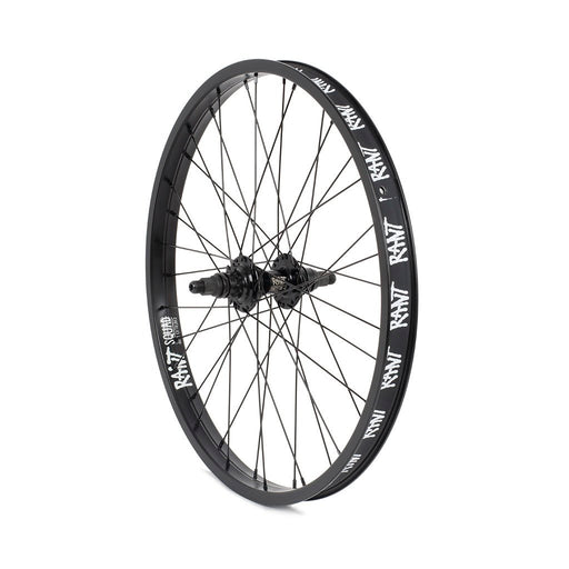 Side view of the 20" Rant Party On V2 cassette rear  wheel in black, bmx wheel, bmx cassette wheel, rear bmx wheel