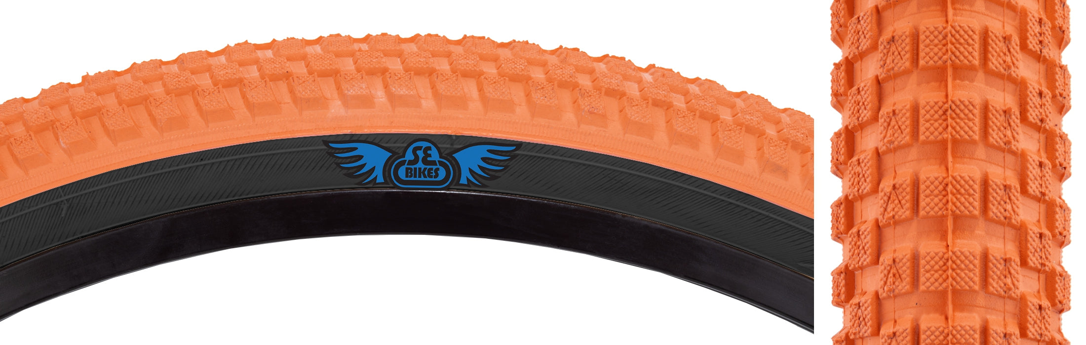 side view of se cub tire in orange black