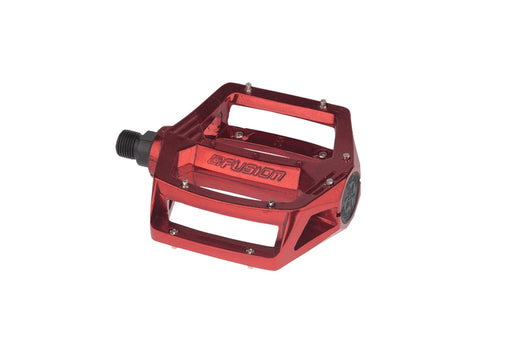 Top view of the Haro Fusion pedals in red, bmx pedals, vintage bmx pedals, alloy bmx pedals