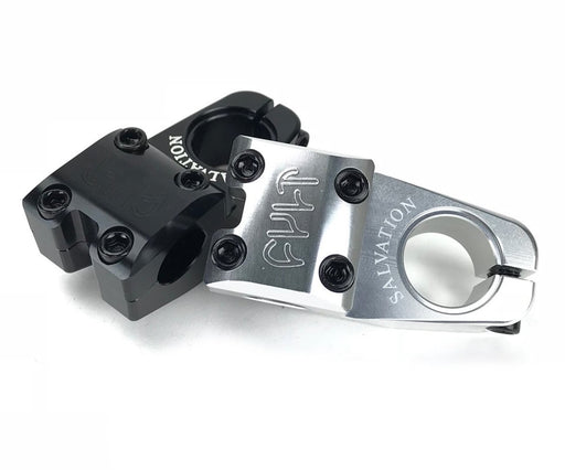 Top view of the Cult Salvation stem in black or Polished, Top load bmx stem