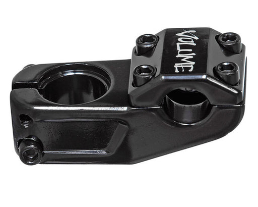Side and top view of the Volume Staple stem in black, bike stem bmx
