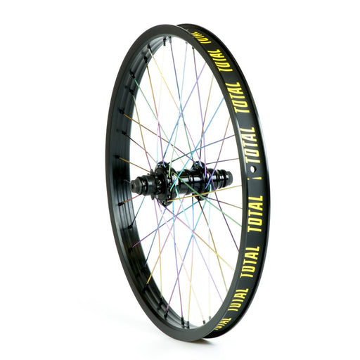 Side view of the Total Techfire cassette wheel in Black and rainbow, bmx wheel, bmx wheel, oil slick wheel
