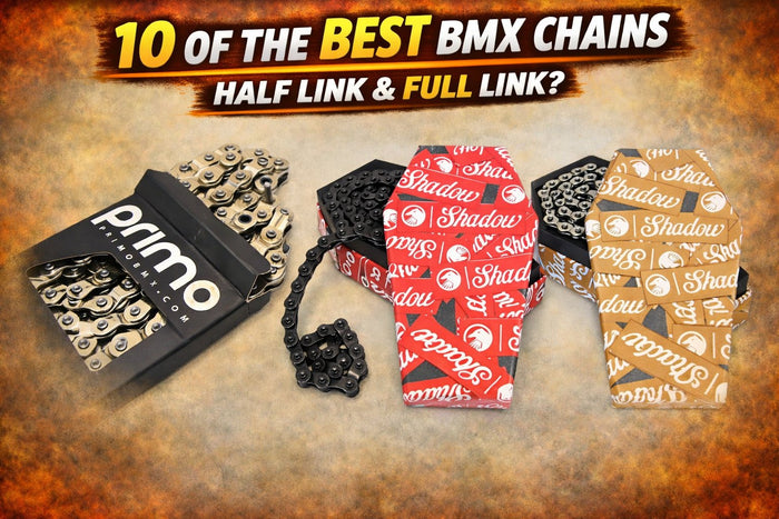 Shadow Interlock V2 chain, Primo 121 Half link chain & Shadow Supreme BMX chain close up showing strong link design for street riding