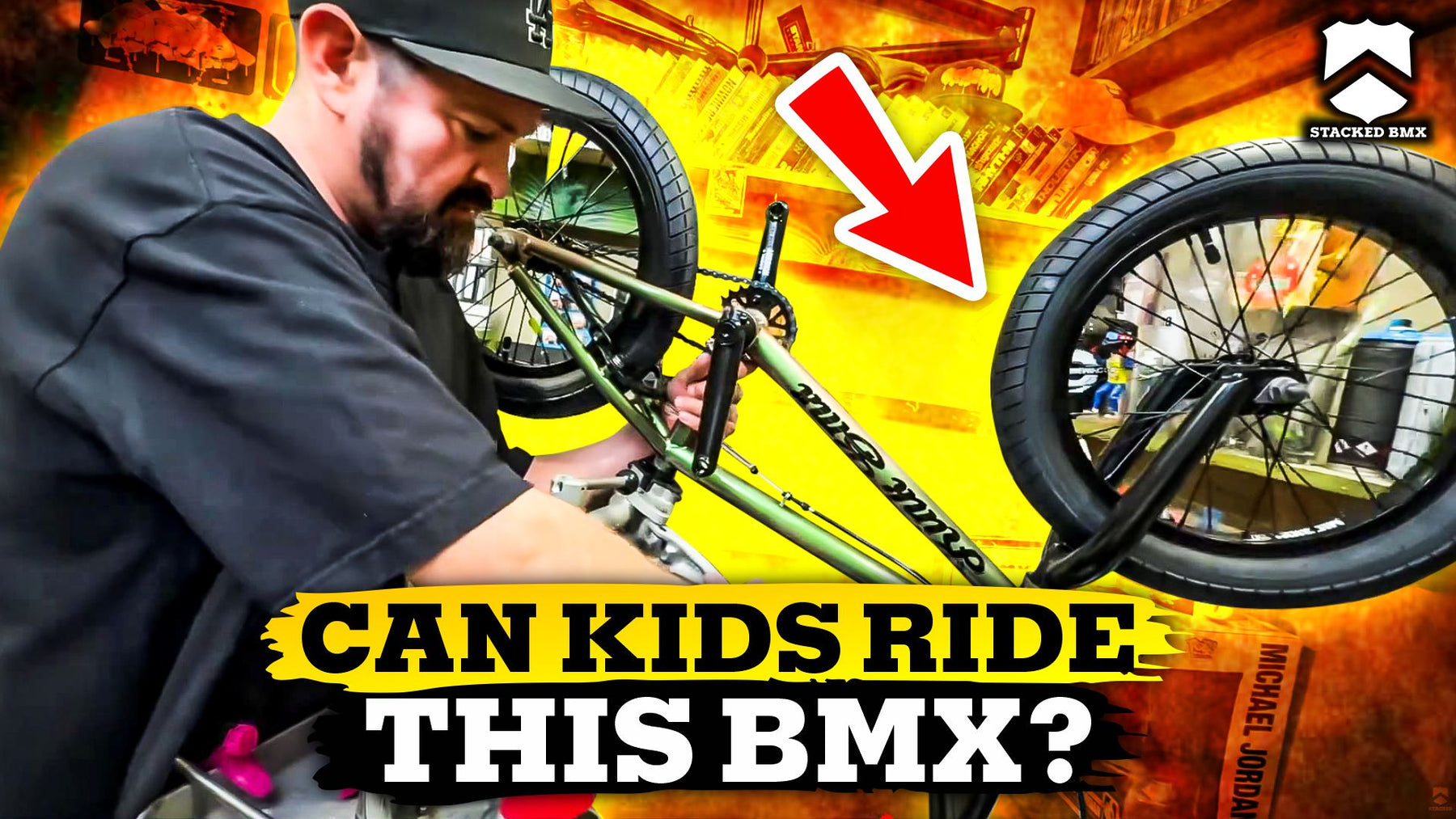 action packed image of stacked bmx shops bicycle mechanic showing you how to build a 16" Kink Carve bmx bike