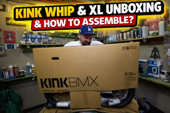 image of stacked bmx unboxing and assembling a Kink Whip XL bmx bike, 21" top tube bmx bike for adult