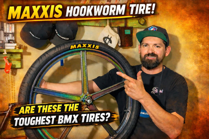 Maxxis Hookworm BMX tire with thick tread designed for street riding, wheelie bikes, and durable urban pavement performance