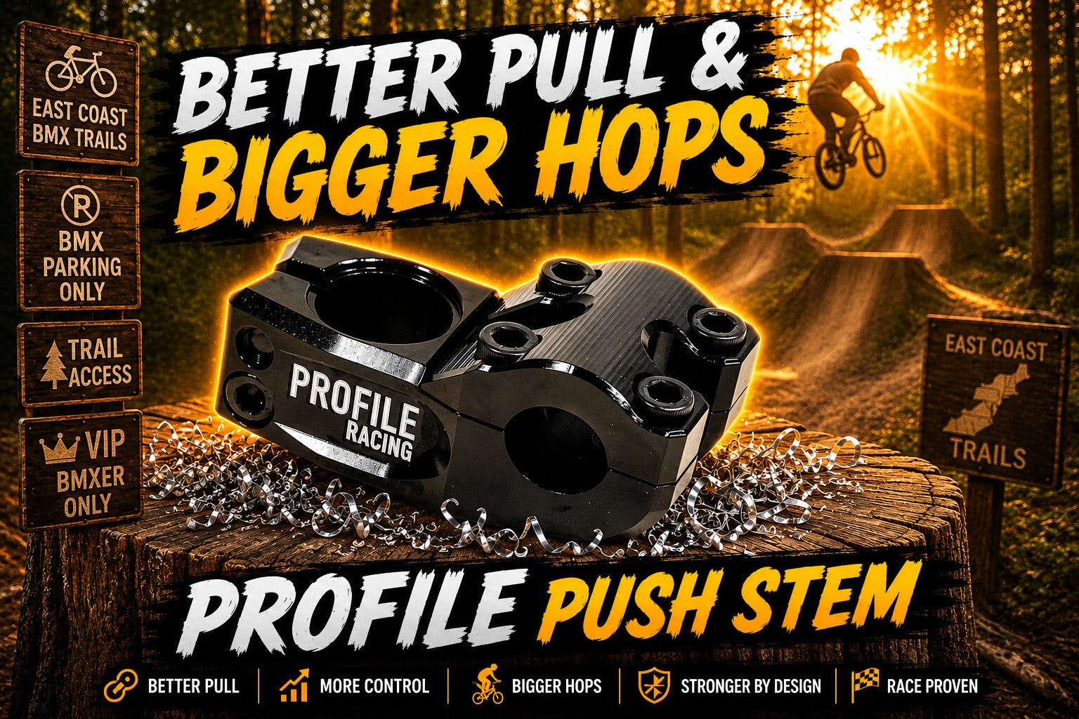 front * side view of the Profile Push Stem in Black, Profile Push BMX stem close up showing high rise front load design