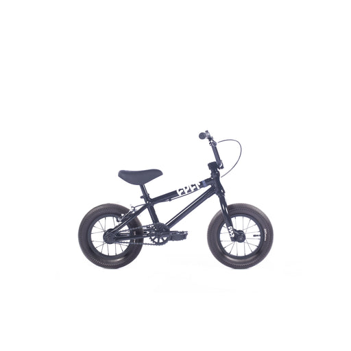 side view of the 12" Cult juvenile bike in black with white, 12 inch bicycle, 12 inch cycle, childrens 12 inch bike, 12 inch bike with training wheels, 12 childs bike, 12 inch bike age, 12 inch bike is for what age, pink bike 12 inch, cars 12 inch bike, buzz lightyear 12 inch bike, 12 inch balance bike with brakes, 12 inch bike tyre, 12 haro shredder, 12 inch bike suitable for what age, 12 inch cult bmx, 12 inch wheel bike age, 12 wheel bike age, cult 12 inch bmx, haro 12 shredder, 12 inch bike, bmx bike