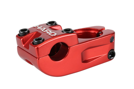 front and side view of the Haro Baseline stem in red, haro stem, bmx stem, freestyle bmx stem, red bmx stem