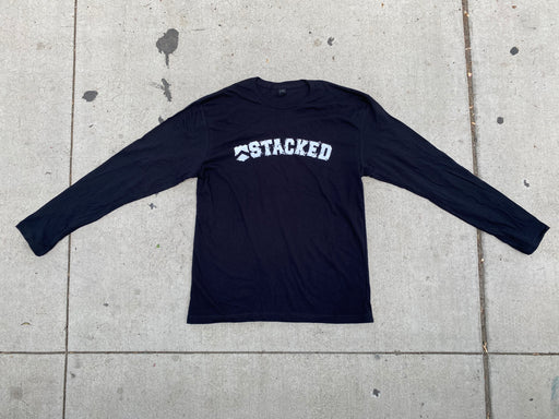 front view of the Stacked Earthquake long sleeve t-shirt in black