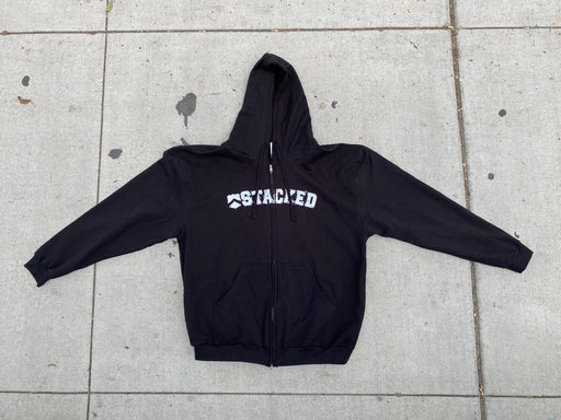 front view of the Stacked Earthquake zip up hoodie