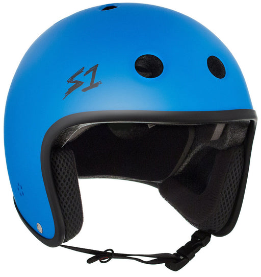 front angle view of retro lifer helmet in matte cyan