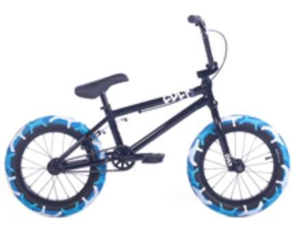 side view of the 16" Cult juvenile bmx bike n black and blue camo
