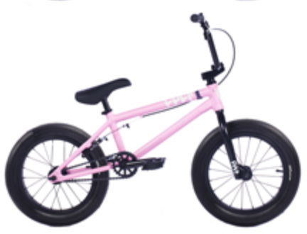 side view of the Cult Juvenile bmx bike in pink, BMX bikes kids bike, freestyle bike