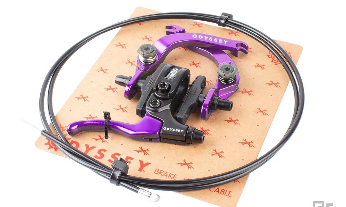 complete view of the Odyssey Evo 2.5 brake set in Purple, bike brake pads, bicycle brake pads, cycle brake pads, bicycle brakes, bike brakes, cycle brake, bicycle brake cables cycle brake cables, tetro brakes, V brakes, bike brake caliper, bicycle brake levers, bicycle brake caliper, caliper brake cycle, bike cables, bicycle cables, rim brakes, box brakes, rim brake bike, bmx bike brakes, bicycle brake parts, bicycle hand brake, hand brakes for bikes, bike brakes bmx, bmx bicycle brakes, brakes bmx bike