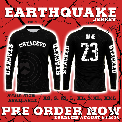 front and back view of the stacked earthquake jersey in black