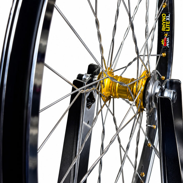 up close picture of the Stacked BMX twisted 3-twist custom wheel build with a white background, ustom 29 inch Big BMX wheel build by Stacked BMX Shop