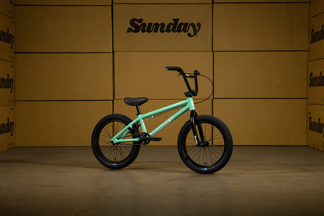 Side view of the 18" Sunday Primer bike in toothpaste, 18 inch BMX bike for learning bunny hops and manuals