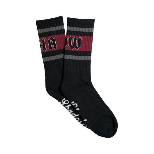 Side view of the Shadow conspiracy Benighted socks in black, BMX Socks, Shadow socks, the shadow conspiracy socks