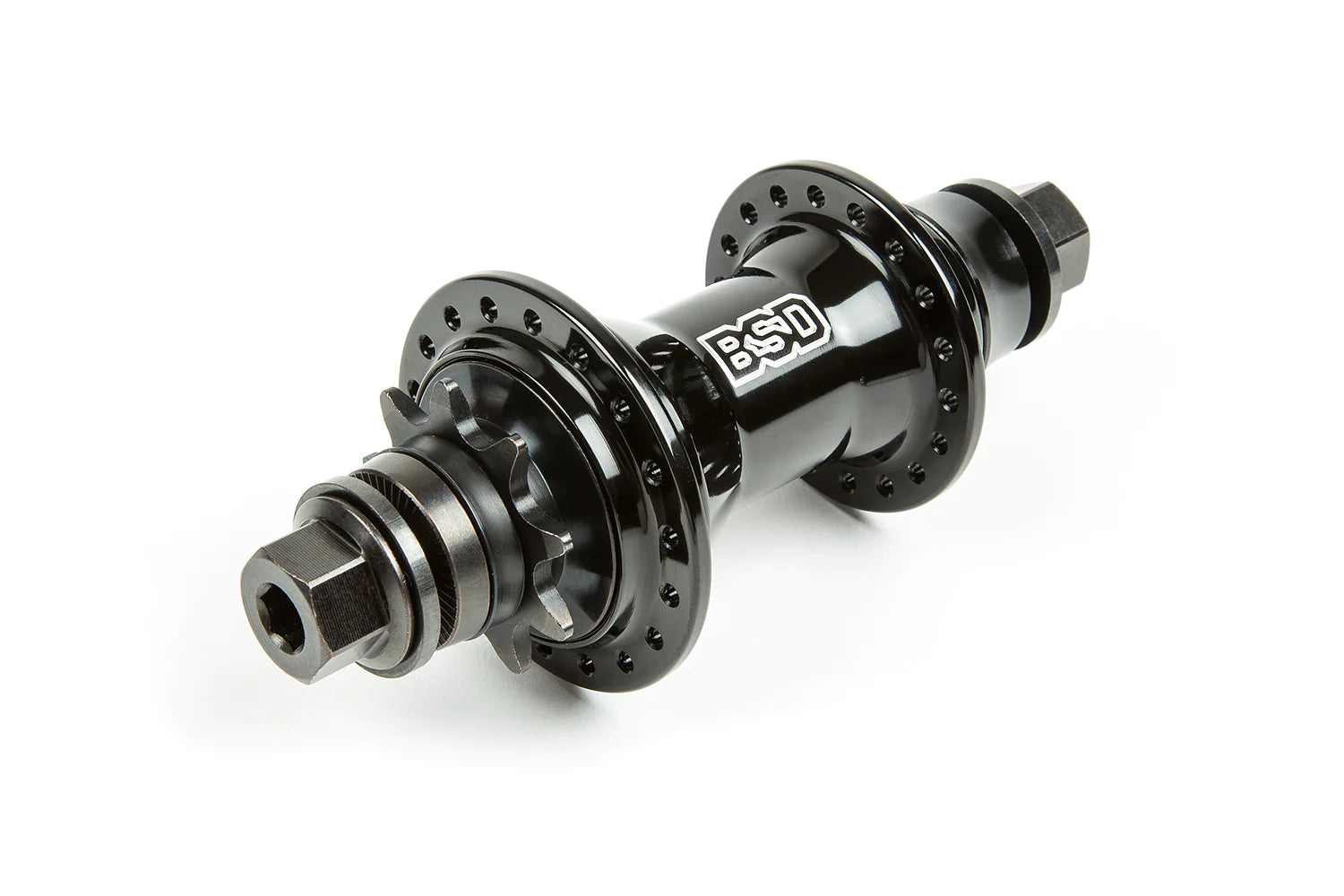 front view of the BSD Back Street cassette hub in black, The ultimate bmx cassette rear hub.