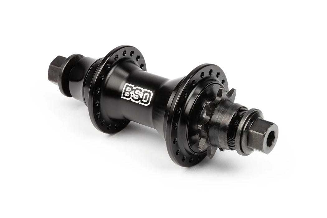 Black BSD bicycle hub on a white background, a great female axle bmx cassette hub.