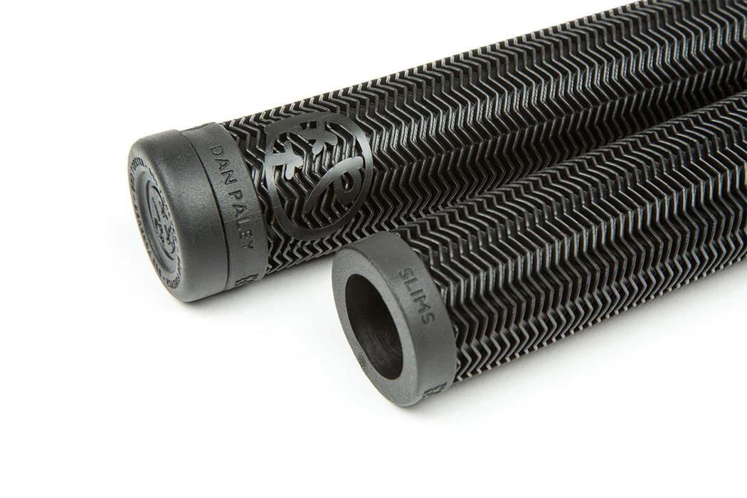 close up view of the BSD Slims grips in Black, Do all bike grips fit all bikes, what are the grips on a bike called, what do odi grips stand for, are thicker bike grips better, How do I know what grips fit my bike, Do all handlebar grips fit all bikes, are all bike grips the same diameter, are all grips the same size, what size grips do I need, how do I pronounce Ergon, what are grips on a bike, what are the handles on a bike called, what are the parts of a bike called, what is the bike holder called, what 