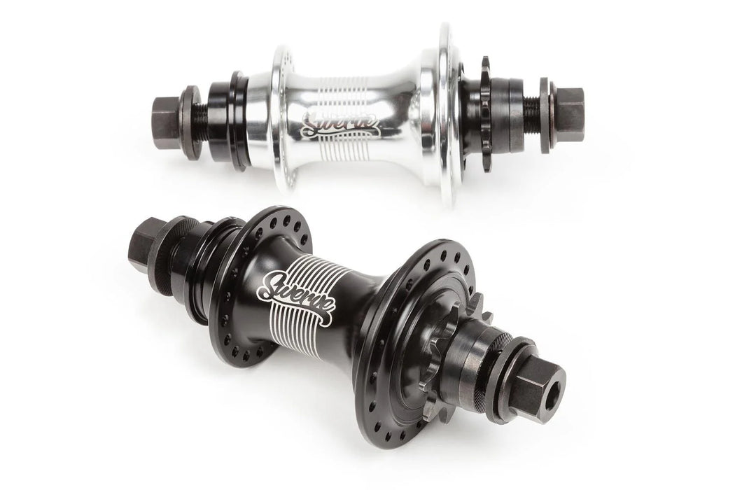Two BSD hubs, one black and one silver, on a white background, If you want on of the best bmx Bicycle hub the BSD Swerve hub is what should be on your bicycle.