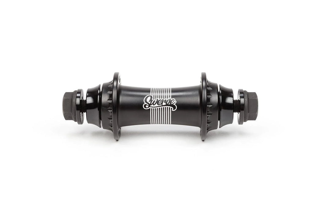 Black bicycle hub with 'Swerve' branding on a white background, best bmx front hub for bmx street riding.