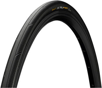 Side view of the 700 x 23C Continental Ultra Sport 3 Pure Grip Performance tire in black, continental tire, 700c x 25c tire, ultra sport 3 tire