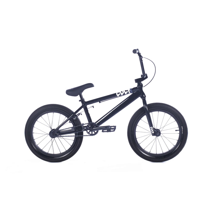 side view of the Cult 18" Juvenile bmx bike in black, bmx bike, freestyle bike, cult bike