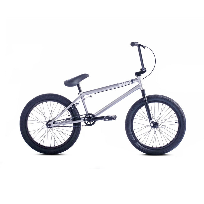 side view of the 20" Cult Access bmx bike in silver, beginner bmx bike for dirt jumps or trails