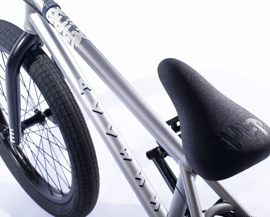 close up view of the 20" Cult Access bmx bike in silver, introductory bmx bike 