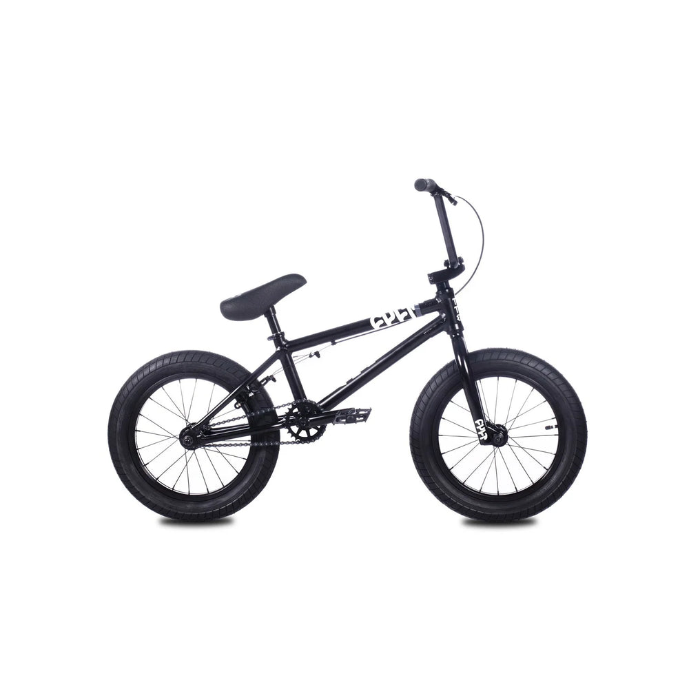 side view of the 16" Cult Juvenile complete bike in black, bmx bike for 7 years old