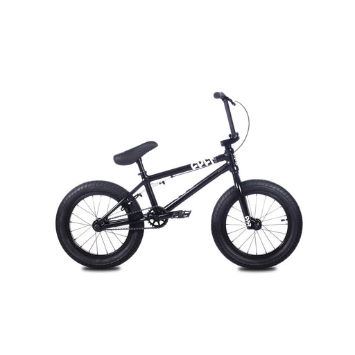 side view of the 16" Cult Juvenile complete bike in black, bmx bike for 7 years old