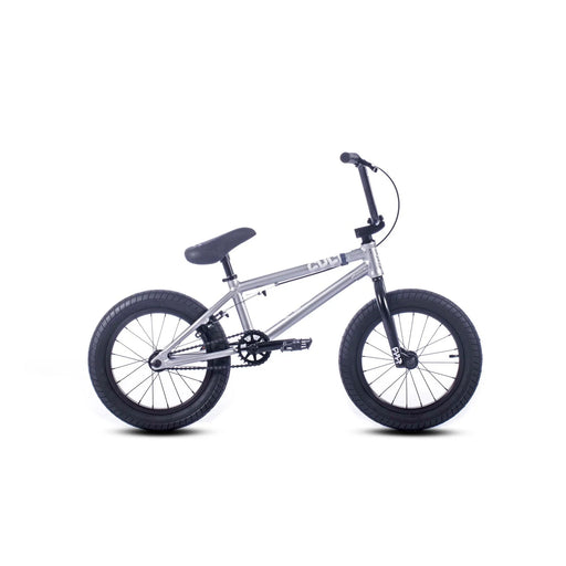 side view of the 16" Cult Juvenile complete bike in silver, bmx bike for 8 years old