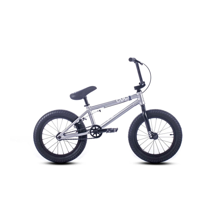 side view of the 16" Cult Juvenile complete bike in silver, bmx bike for 8 years old