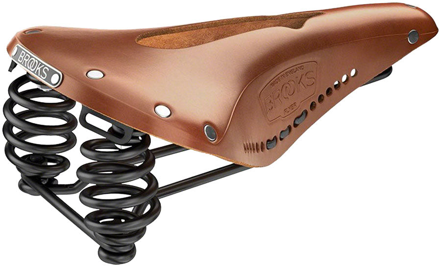 side view of brooks flyer carved saddle in  honey
