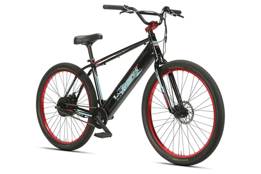 front and side view of the 27.5" Haro Johnny 5 e-bike in black and red 