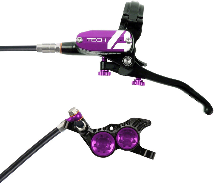 front view of hope tech 4 v4 brakes in purple