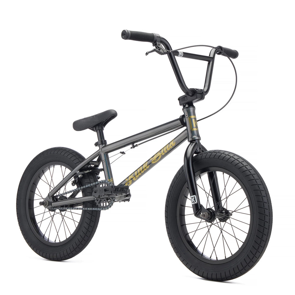 side view of the Kink Carve in grey, 16" BMX Bike for kids 6-8 years old