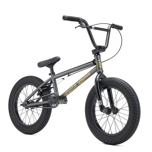 side view of the Kink Carve in grey, 16" BMX Bike for kids 6-8 years old