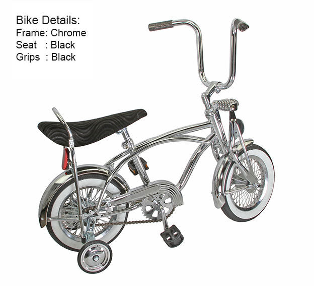 side view of the 12" Lowrider bike in chrome
